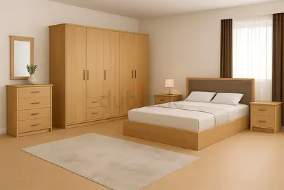 Complete wooden bedroom set - bed, wardrobe, nightstands and dresser (light oak)