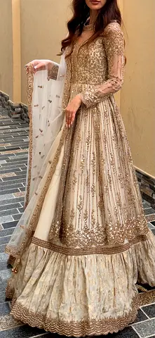 Handmade Embroidered Beige Formal Dress - Size S