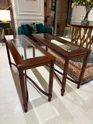 Luxury Solid Mahogany Console Table Set, Pair, Glass Top