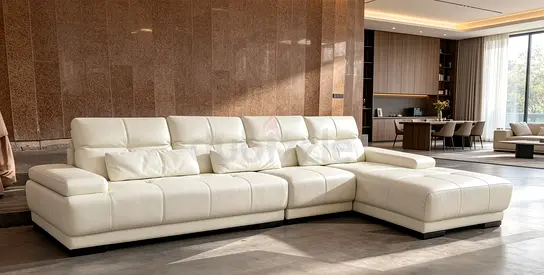 Large White Leather L-Shaped Sectional Sofa with Chaise