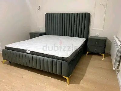 Modern Gray Velvet Bed Set with Mattress and Side Tables