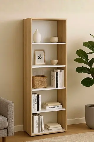 Slim Wooden Bookcase with 5 Shelves — Light Oak Finish
