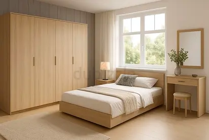 Light Wood 4-Door Wardrobe with Bed and Dressing Table - Complete Bedroom Set