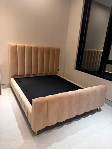 Upholstered Velvet Double Bed Frame with Tall Channel-Tufted Headboard