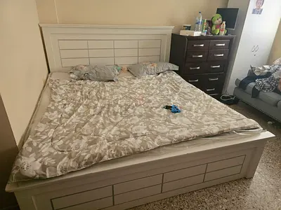 Queen size wooden bed frame with headboard and storage base - light grey