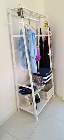 White freestanding open wardrobe / clothes rack with shelves