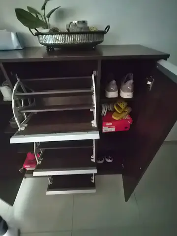 Dark wood shoe cabinet with folding racks - good condition