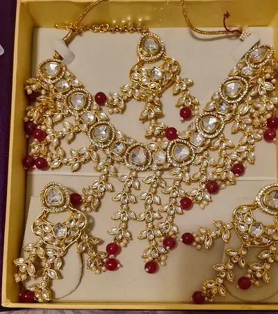 Gold-tone Kundan Necklace Set with Red Beads - Bridal Style
