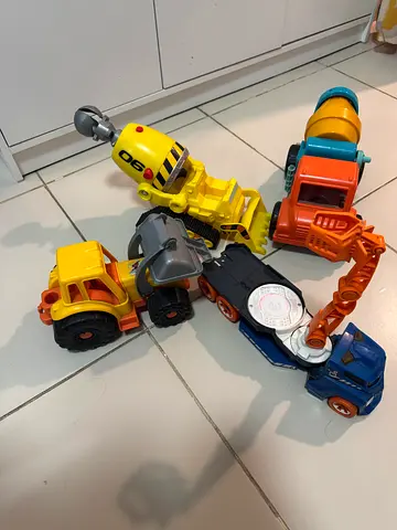 Set of Small Construction Toy Vehicles — Mixer, Excavator, Dump Truck, Crane, Car