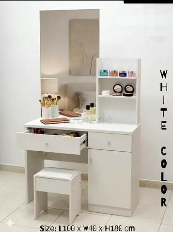 White Dressing Table with Mirror, Storage Shelves and Stool - L100 x W40 x H180 cm