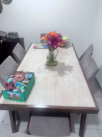 Wooden Dining Table with Marble-Effect Top - Seats 6