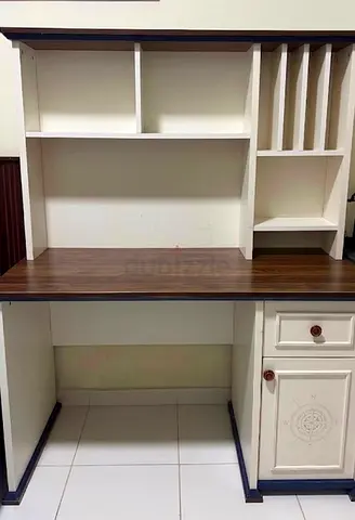 Wooden Study Desk with Hutch and Drawers - White  Dark Wood