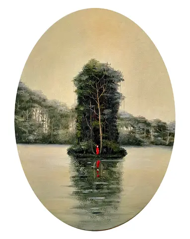 Original Oval Oil Painting of Island Landscape with Figure