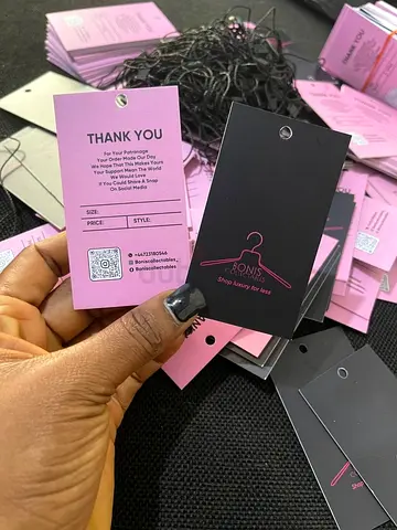 Bulk set of branded pink  black clothing hang tags (new)