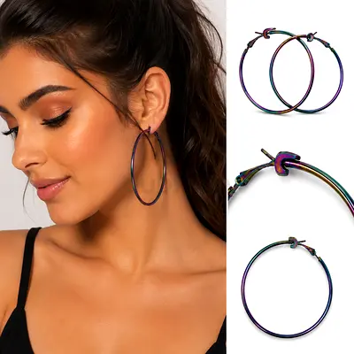 Large iridescent oil slick effect hoop earrings