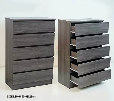 Grey 5-Drawer Tall Chest / Dresser - (L80 x W40 x H123cm)