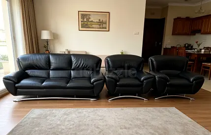 Black Leather 3-piece Sofa Set – 3-seater + 2 Armchairs, Excellent Condition