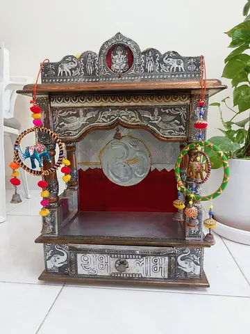 Handcrafted Wooden Pooja Mandir Temple with Silver Finish