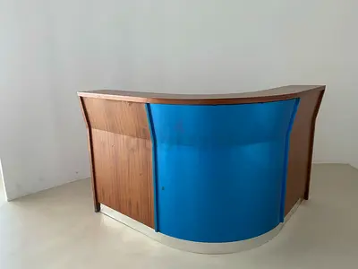 Curved Reception Desk / Counter with Wood Finish and Blue Front