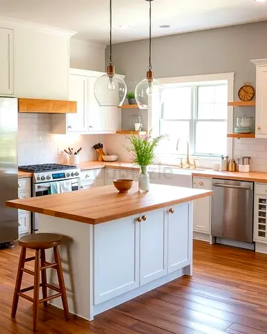 Modern kitchen island with wooden countertop - white base