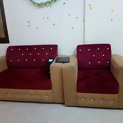 Three piece sofa set in beige and burgundy — good used condition