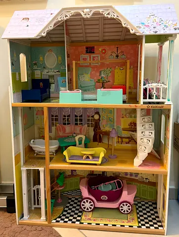 Wooden 3-Storey Dollhouse with Furniture and Car