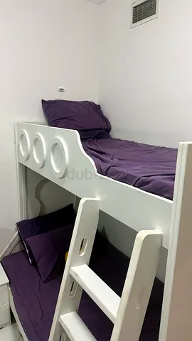 customised wooden bunk bed + shelves + 2 mattresses