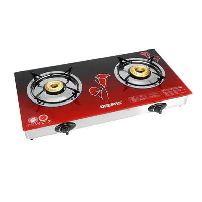 Geepas 2-Burner Glass Top Gas Stove - Red (Used, Good Condition) with LPG cylinder.