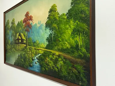 Framed Landscape Oil Painting with River and Cottage (Since 1980) from London