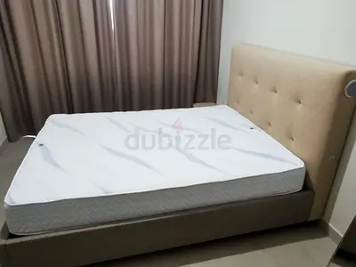 Queen size upholstered bed frame with mattress — excellent conditions ( like new)
