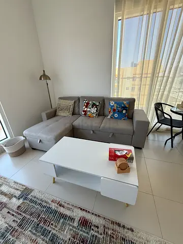 Light grey 3-seater sofa with storage and pull-out bed + coffee table  + carpet