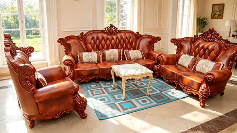 Classic carved wooden 3-piece leather sofa set - excellent condition