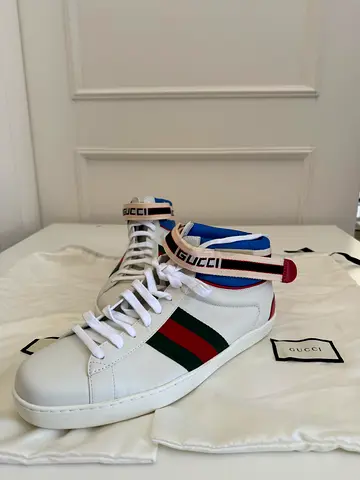 Mens White Ace Stripe leather Gucci high-top sneakers