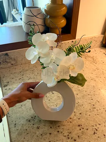 Small White Artificial Orchid in Ceramic Ring Vase - Decorative Accent