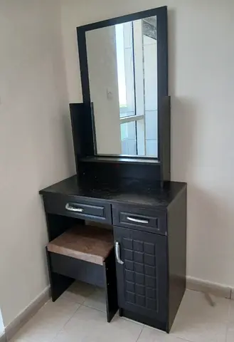 Dark wood dressing table with mirror and stool - good condition