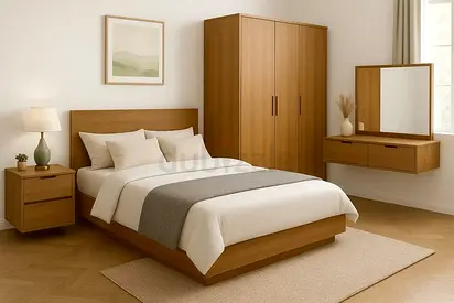 Complete wooden bedroom set: bed, wardrobe, bedside table  dresser mirror