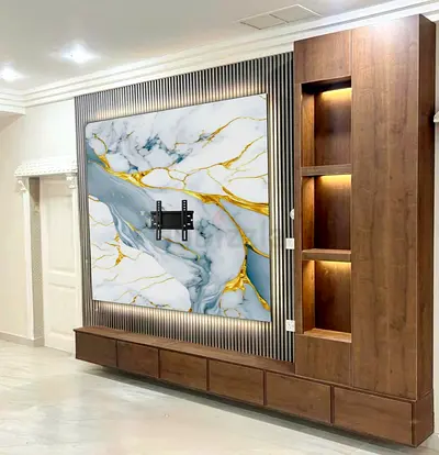 Wooden TV Entertainment Unit with Shelves and Marble Accent