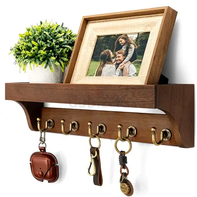 Wood Wall Shelf with 6 Key Hooks - Rustic Entryway Organizer