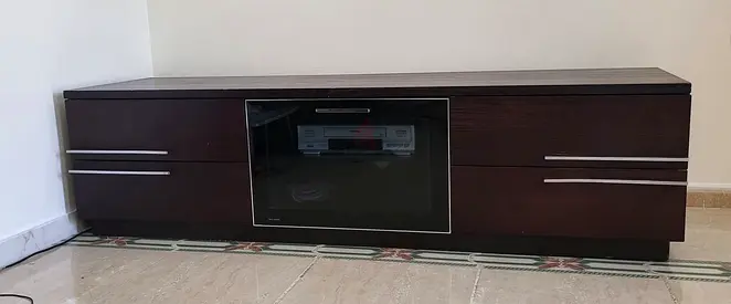 TV stand-Modern TV Entertainment Unit - Dark brown Wood, Glass Door Storage and 4 Drawers