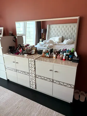 Modern White Dresser with Mirror and Decorative Patterns