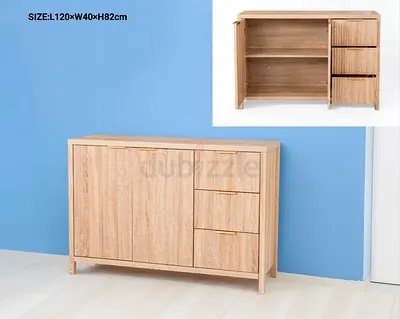 Light Oak Sideboard / Storage Cabinet with 3 Drawers and Shelves (120x40x82cm)
