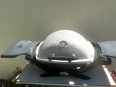 Portable gas barbecue grill with thermometer and side trays