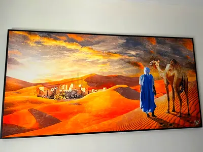 Large Framed Desert Canvas Wall Art - Camels  Oasis Scene