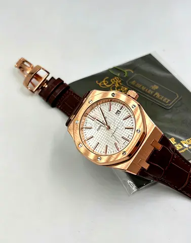 Audemars Piguet Royal Oak Style Rose Gold Mens Watch – Brown Leather Strap