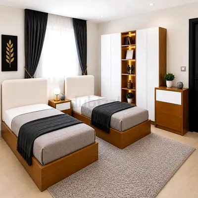 Pair of single beds with matching bedside table and wardrobe - walnut  white