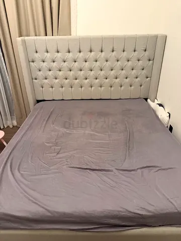 Upholstered Tufted Double Bed with Headboard - Light Grey+ comfort mattress