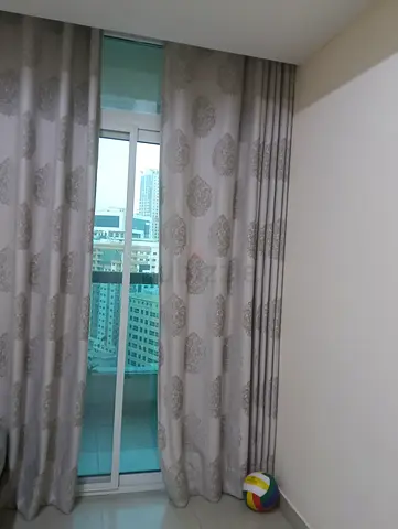 Light grey patterned blackout curtains - set fitted for sliding door