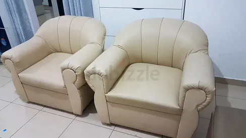 Pair of Beige Faux Leather Armchairs