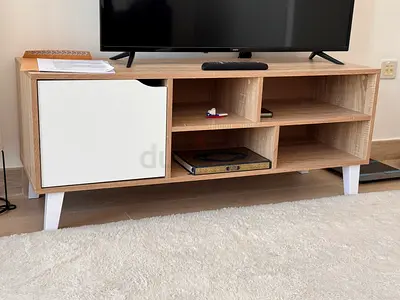 Modern Wooden TV Stand with White Door and Open Shelves