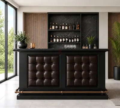 Pottery Barn Solid Black Home Bar Counter with Padded Front Panels and Granite Top